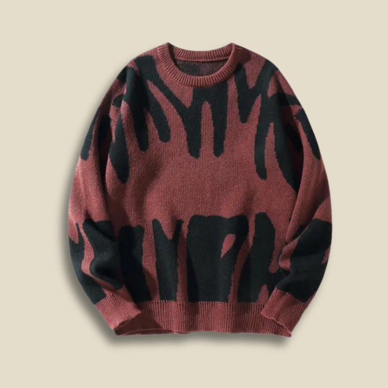 Men’s Crew Neck Knitted Jumper – Long Sleeve Abstract Pattern Pullover with Ribbed Cuffs