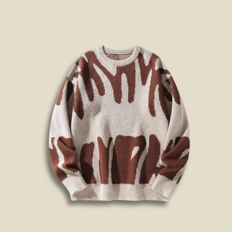 Men’s Crew Neck Knitted Jumper – Long Sleeve Abstract Pattern Pullover with Ribbed Cuffs