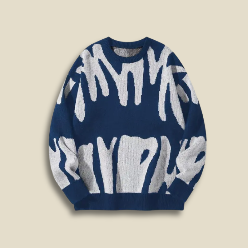 Men’s Crew Neck Knitted Jumper – Long Sleeve Abstract Pattern Pullover with Ribbed Cuffs