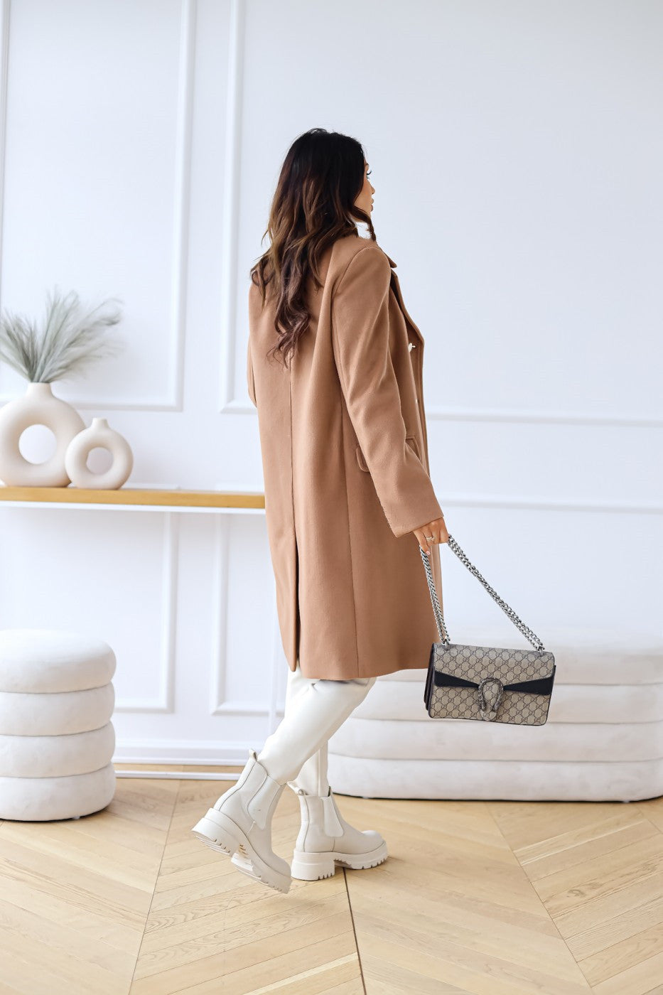 Women's Longline Double Breasted Coat - Notched Lapel - Gold Button - Side Slit