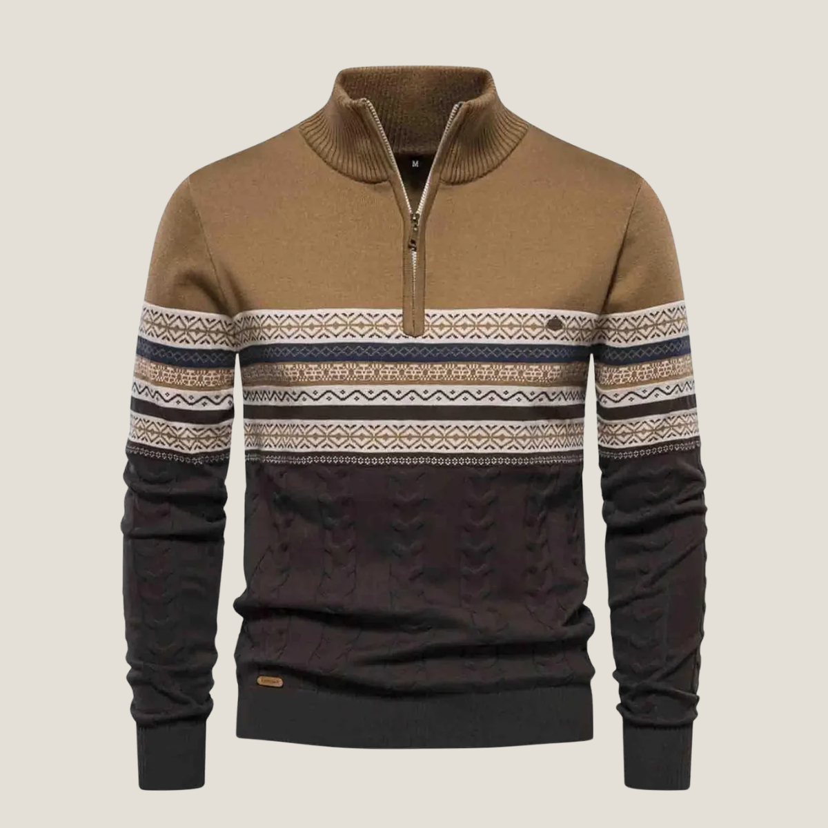 Men’s Jumper – Stand Collar Quarter Zip Knit with Patterned Chest Panel and Ribbed Hem