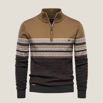 Men’s Jumper – Stand Collar Quarter Zip Knit with Patterned Chest Panel and Ribbed Hem