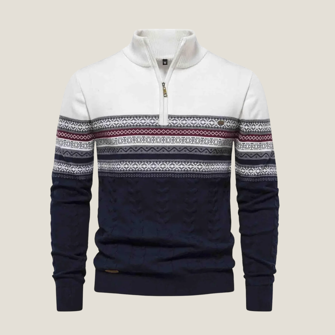 Men’s Jumper – Stand Collar Quarter Zip Knit with Patterned Chest Panel and Ribbed Hem