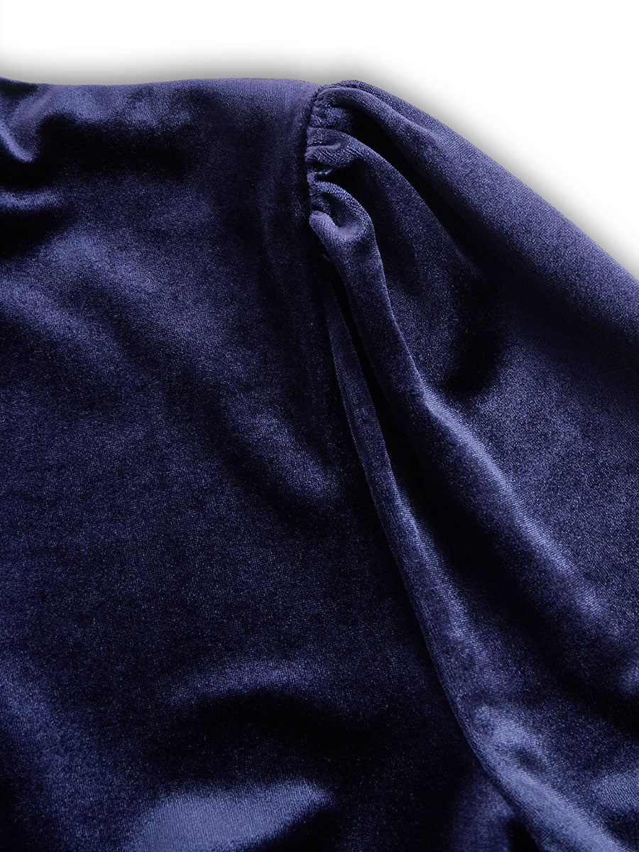 Women's Velvet Midi Dress - High Neck Long Sleeve A-Line with Puff Shoulders and Back Zip
