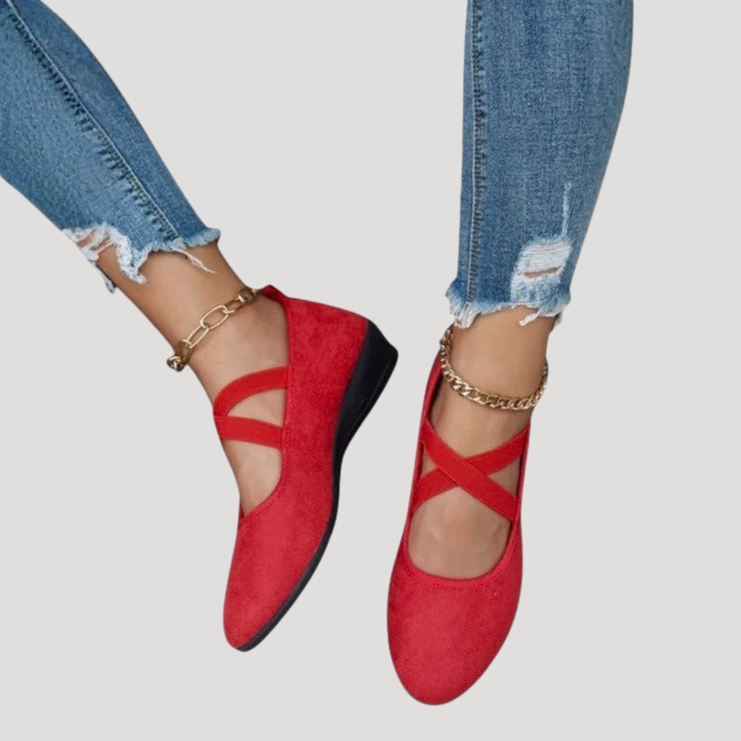 Women's Mary Jane Cross Strap Pointed Toe Low Wedge Flats