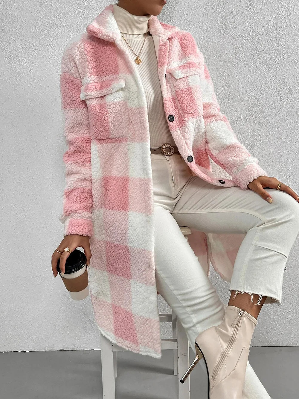 Women's Plaid Longline Coat - Button Up Check Oversized Jacket