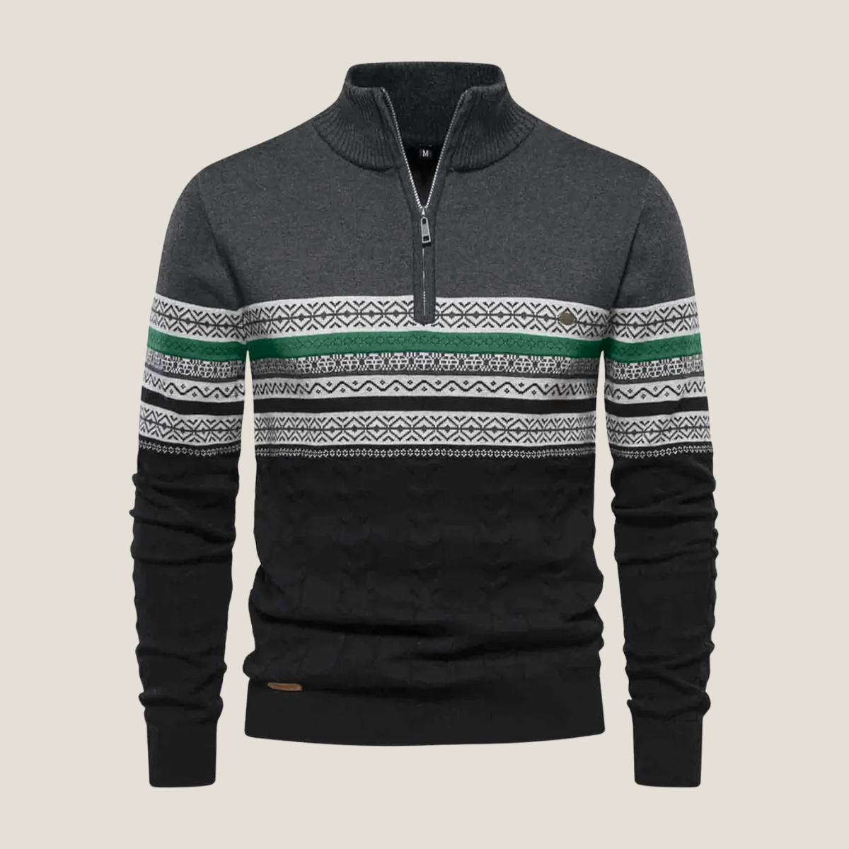 Men’s Jumper – Stand Collar Quarter Zip Knit with Patterned Chest Panel and Ribbed Hem
