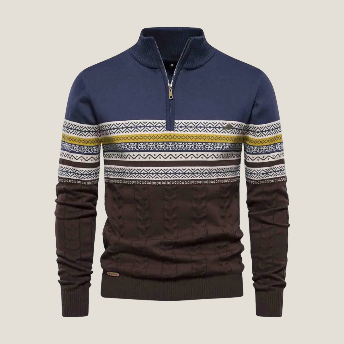 Men’s Jumper – Stand Collar Quarter Zip Knit with Patterned Chest Panel and Ribbed Hem