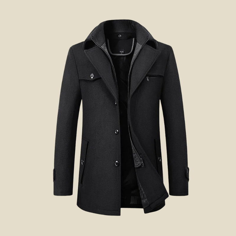Men's Single Breasted Coat with Knit Inner Collar - Button Front - Lined