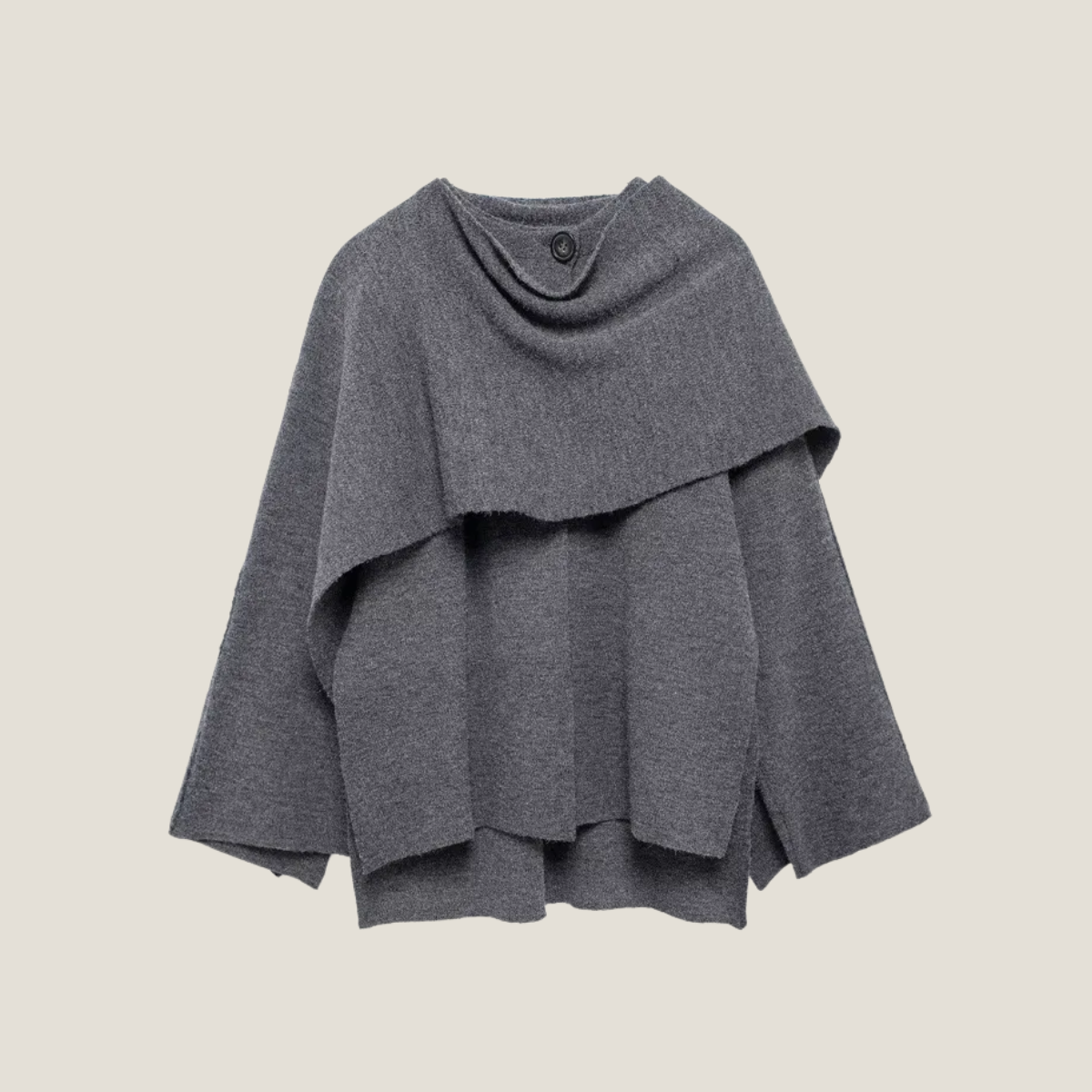 Women’s Asymmetrical Coat – Wide Sleeve Short Overcoat with Draped Scarf Collar