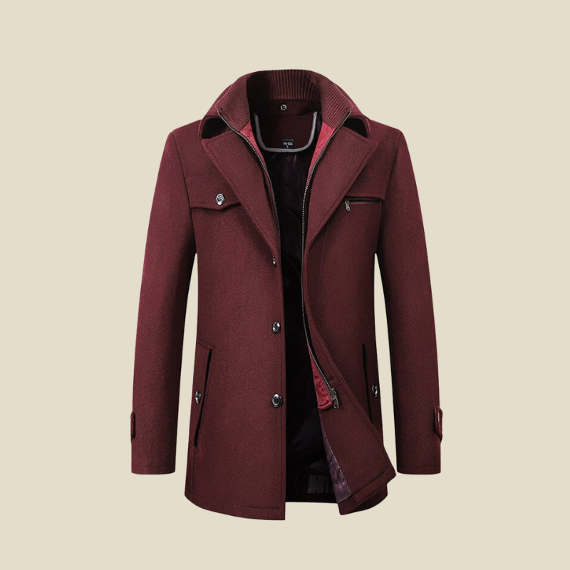 Men's Single Breasted Coat with Knit Inner Collar - Button Front - Lined