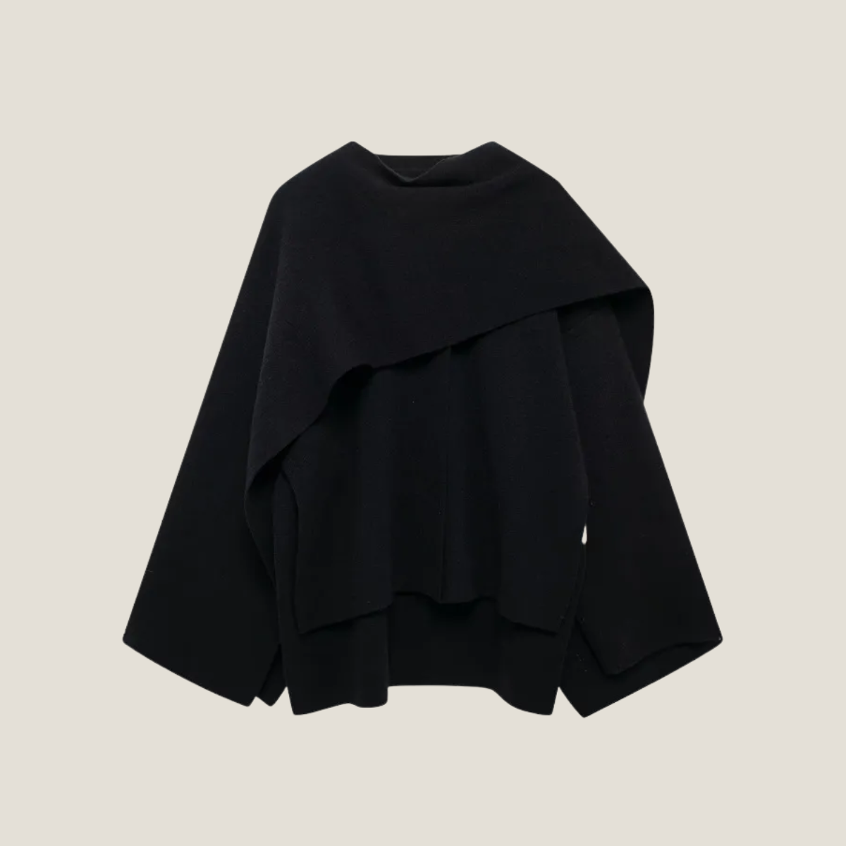 Women’s Asymmetrical Coat – Wide Sleeve Short Overcoat with Draped Scarf Collar