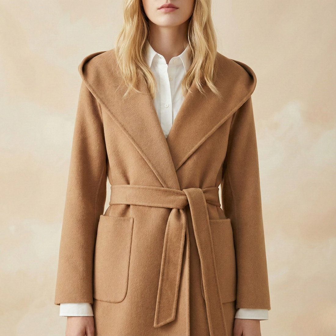 Women’s Belted Wrap Wool Coat with Notched Lapel Collar and Patch Pockets