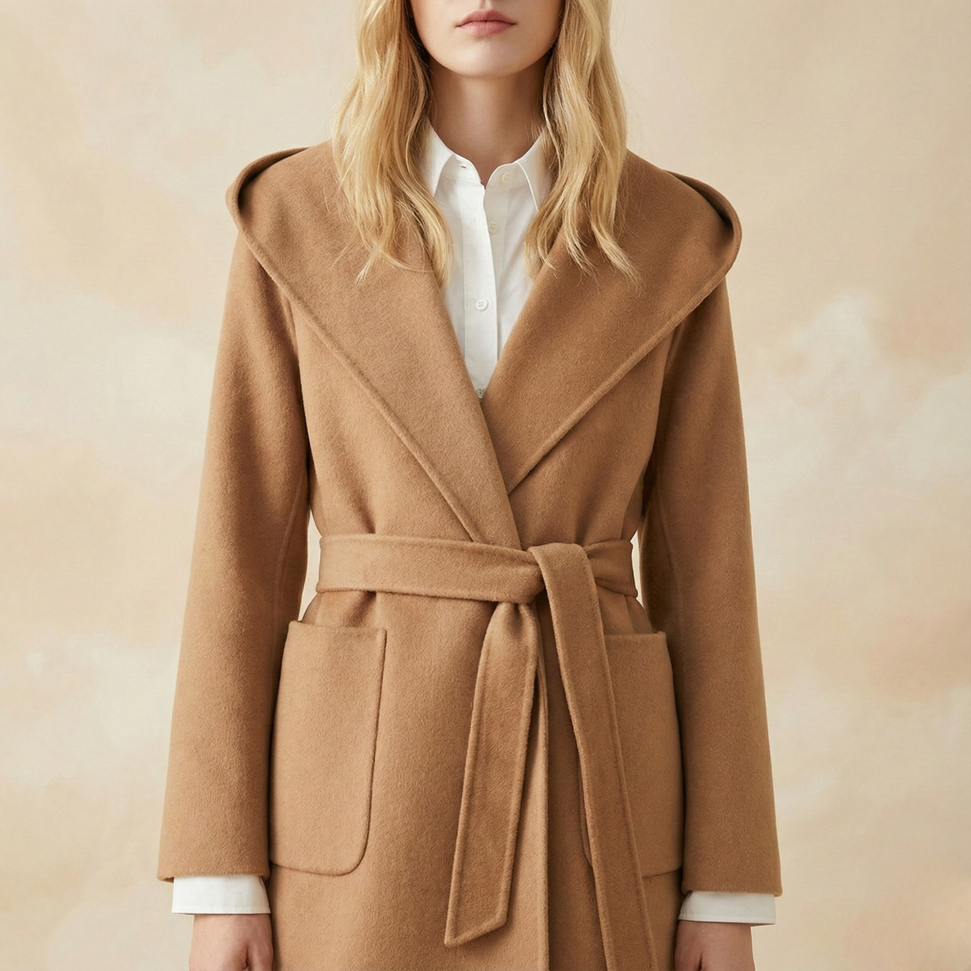 Women’s Belted Wrap Wool Coat with Notched Lapel Collar and Patch Pockets