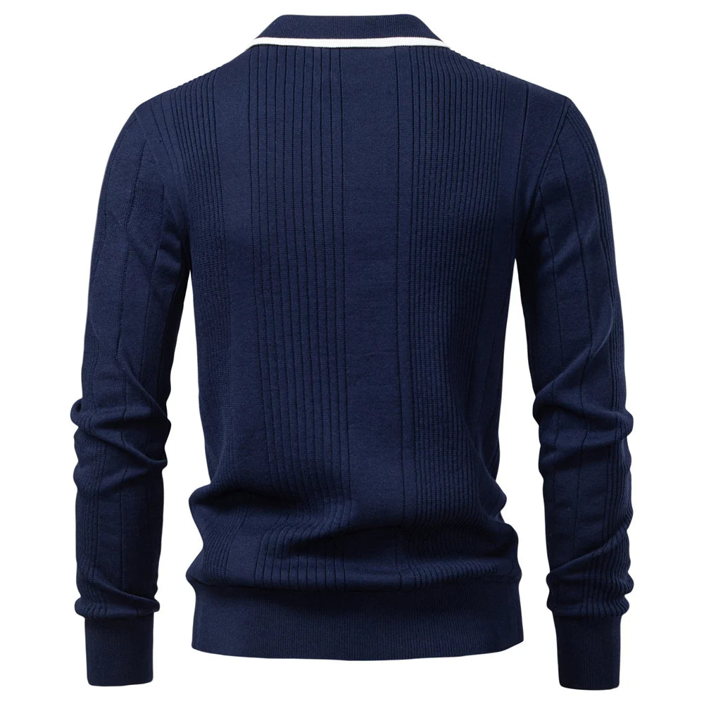 Men's Long Sleeve Polo - Knit Ribbed - Contrast Collar - Slim Fit