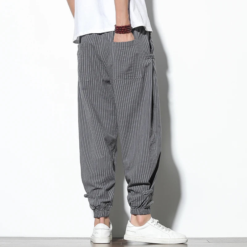 Men's Linen Stripe Harem Pants - Elasticated Waist - Cuffed Hem