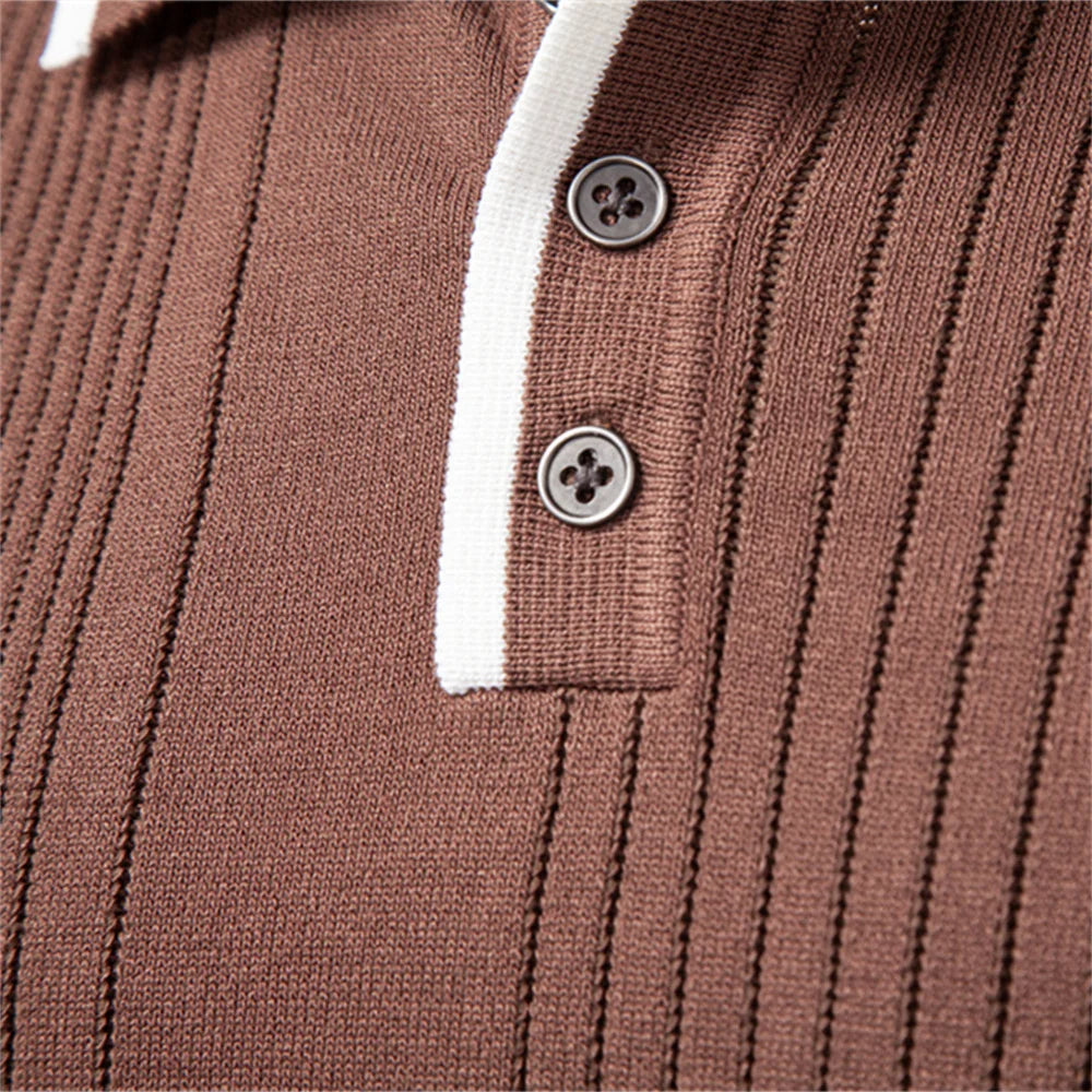 Men's Long Sleeve Polo - Knit Ribbed - Contrast Collar - Slim Fit