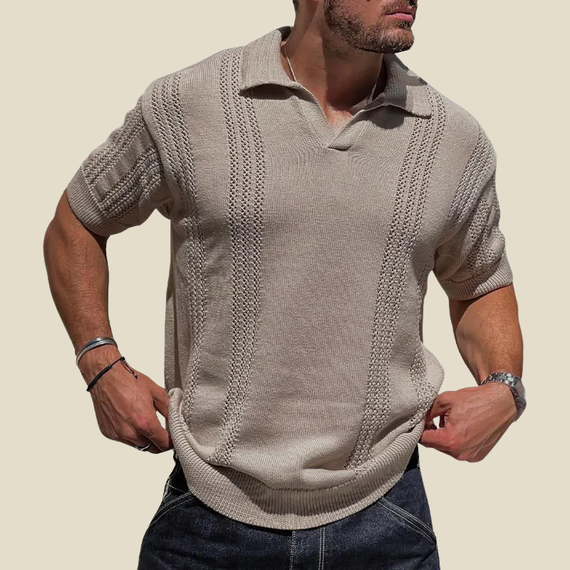 Men's Knit Polo Shirt - V-Neck Short Sleeve Stripe Texture