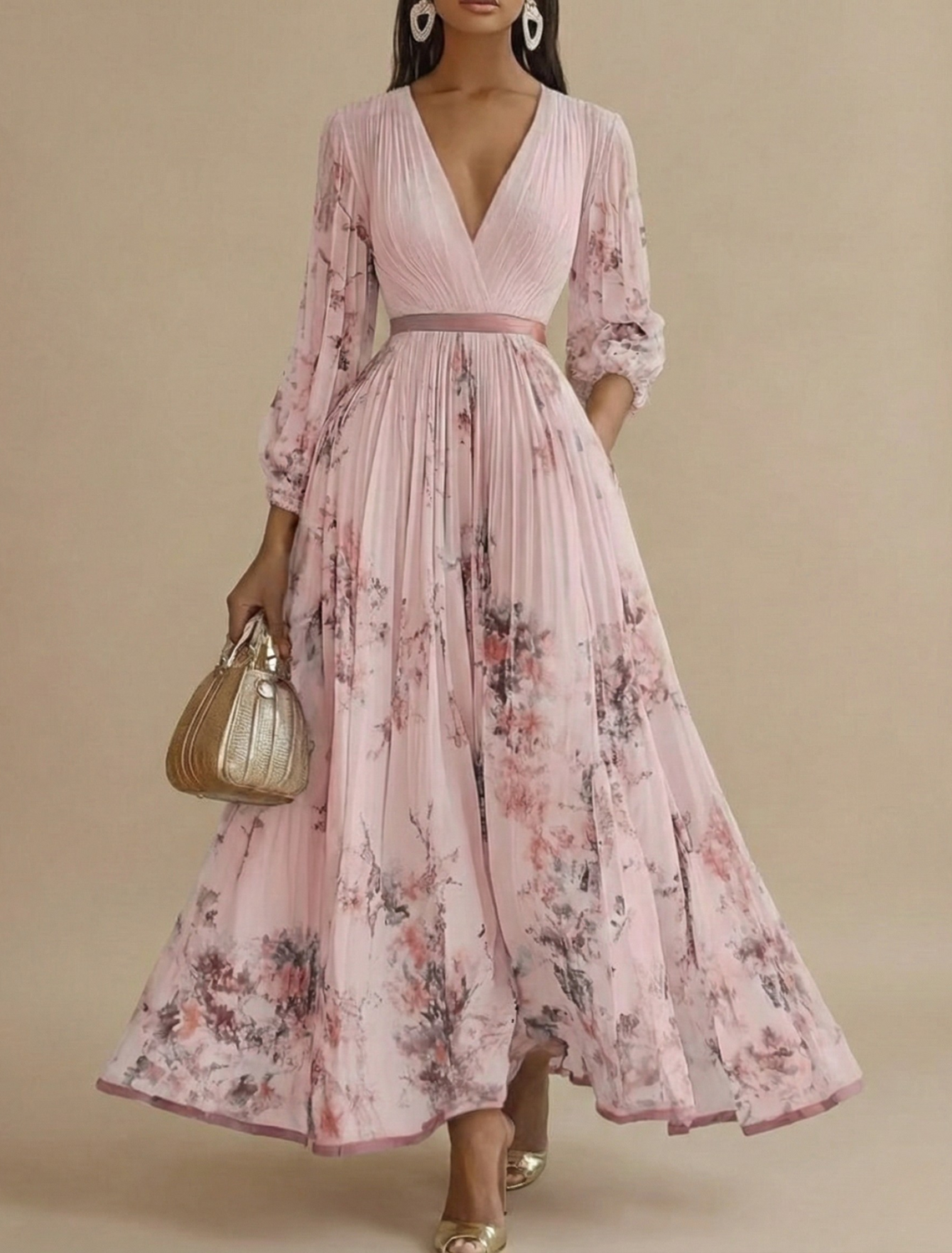 Women's Floral Maxi Dress - Long Sleeve V-Neck Pleated A-Line Skirt