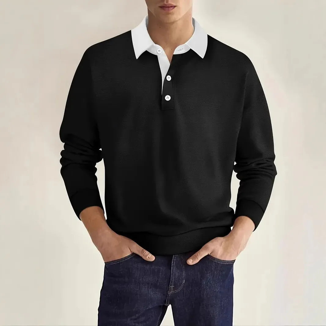 Men’s Long-Sleeve Knit Polo Shirt – Contrast Collar