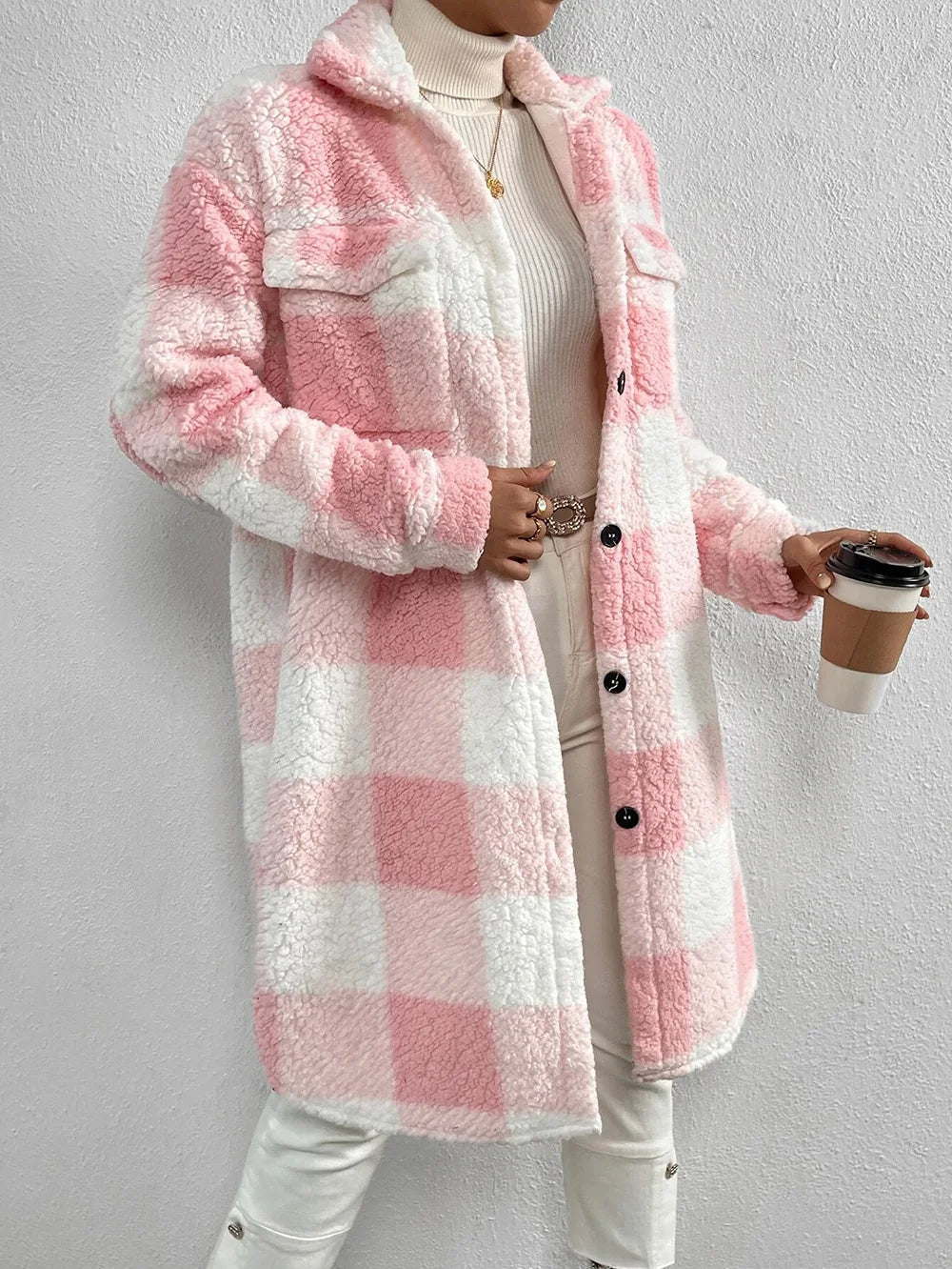 Women's Plaid Longline Coat - Button Up Check Oversized Jacket
