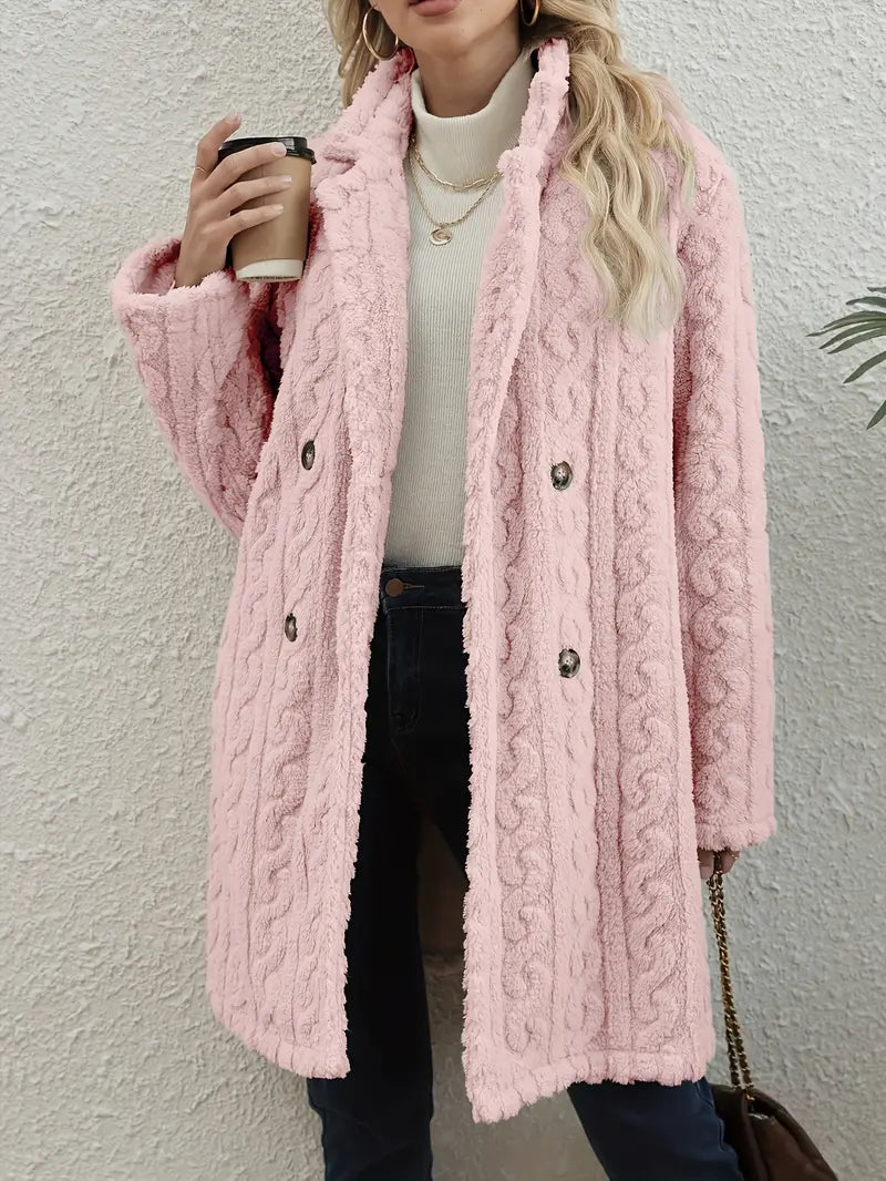 Women's Coat - Double Breasted Notch Lapel Cable Texture Midi