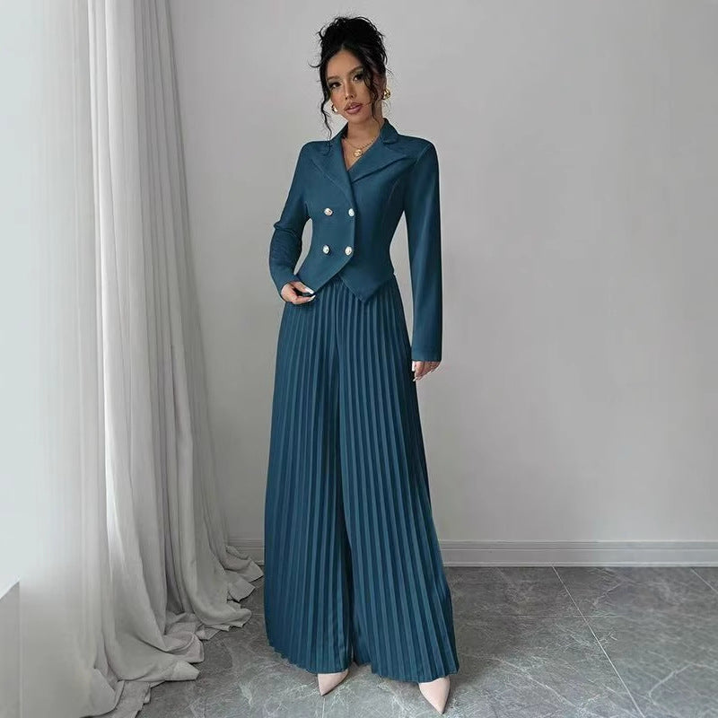 Women's Pant Suit Set - Double Breasted Blazer and Pleated Wide Leg Pants