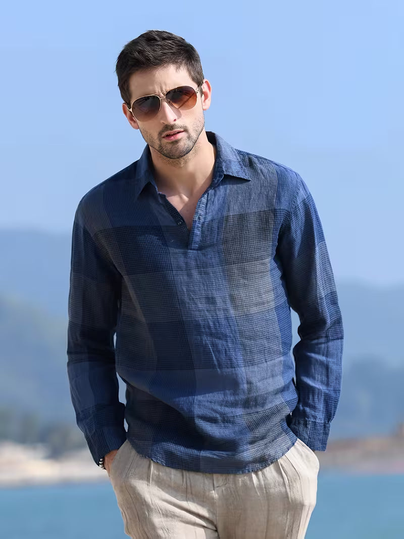 Men's Long Sleeve Plaid Shirt - Polo Collar - Pullover - Navy Blue