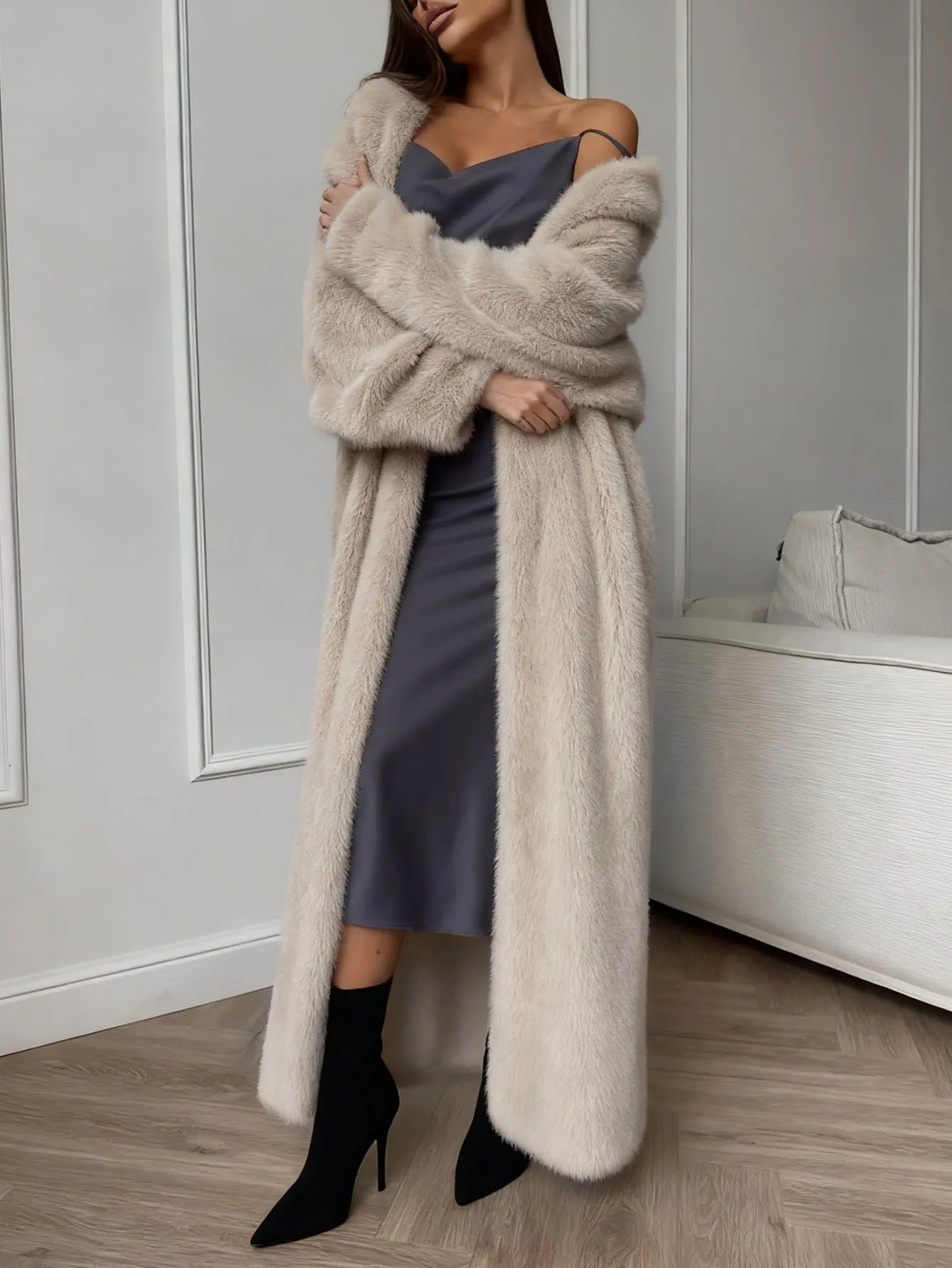 Women’s Long Faux Fur Coat – Open Front Plush Maxi Coat with Relaxed Fit