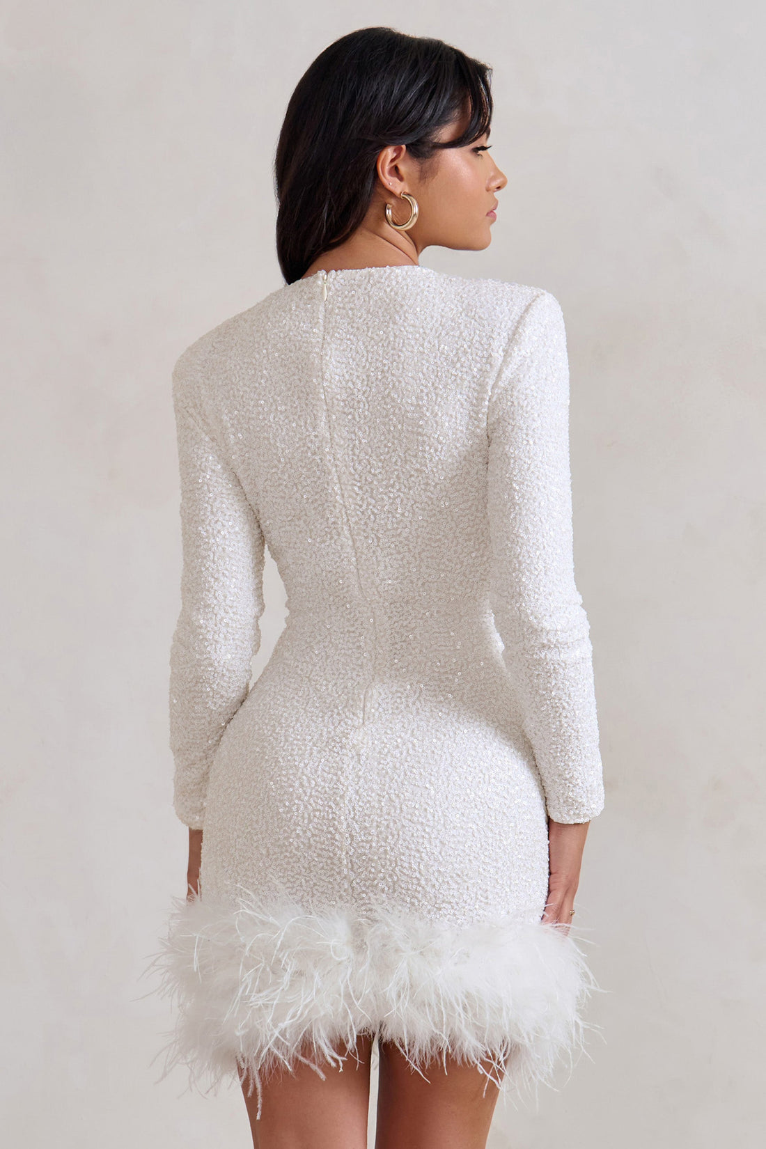 Women's Sequin Mini Dress - Long Sleeve Bodycon with Feather Hem