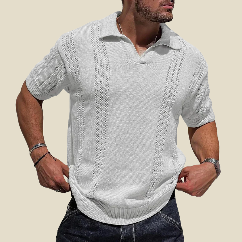 Men's Knit Polo Shirt - V-Neck Short Sleeve Stripe Texture
