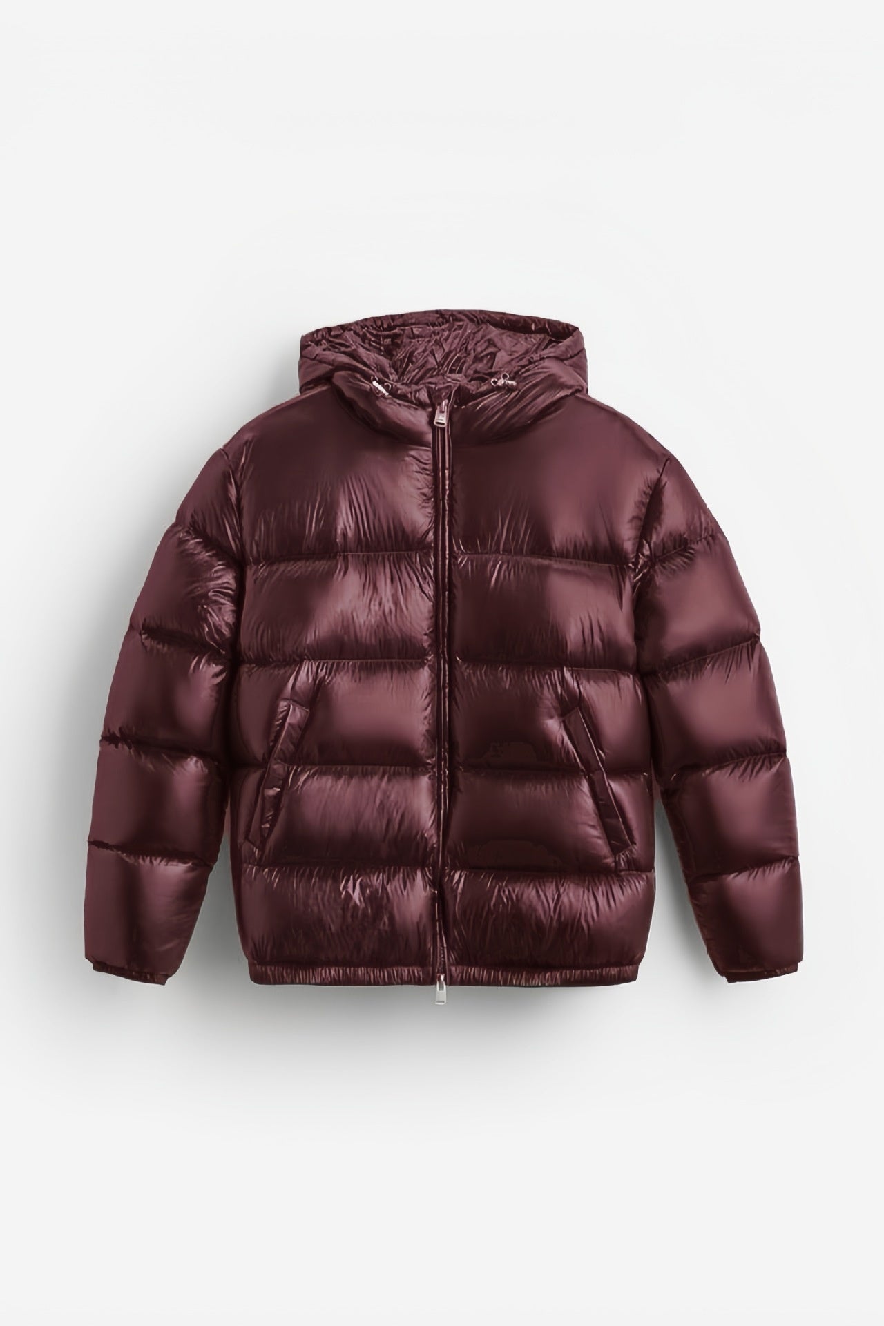 Men's Hooded Puffer Jacket with Glossy Shell - Full Zip - Cropped - Winter Style