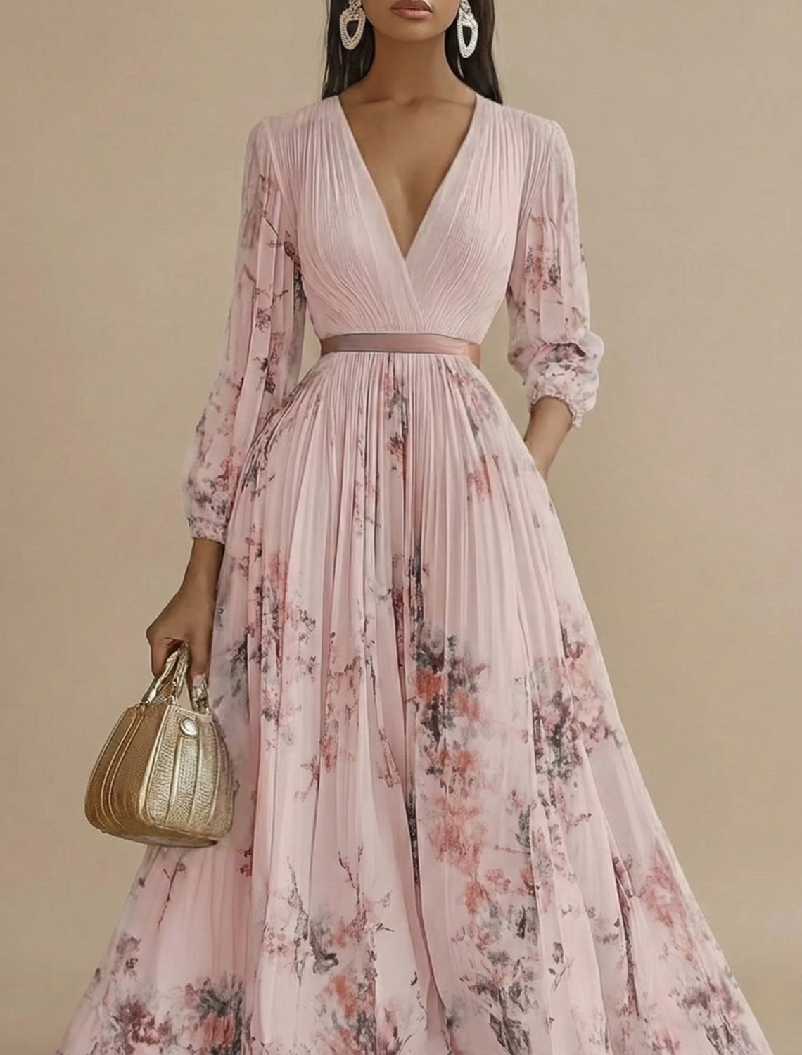 Women's Floral Maxi Dress - Long Sleeve V-Neck Pleated A-Line Skirt