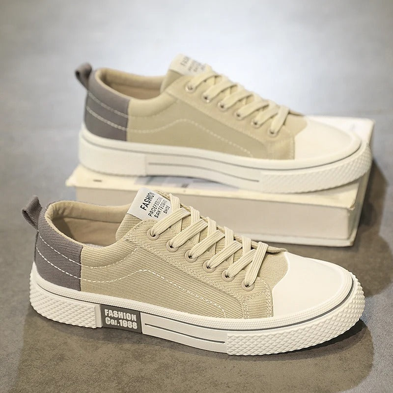 Men's Casual Sneakers - Lace-Up Low Top with Contrast Toe Cap - Colour Block Upper and White Sole