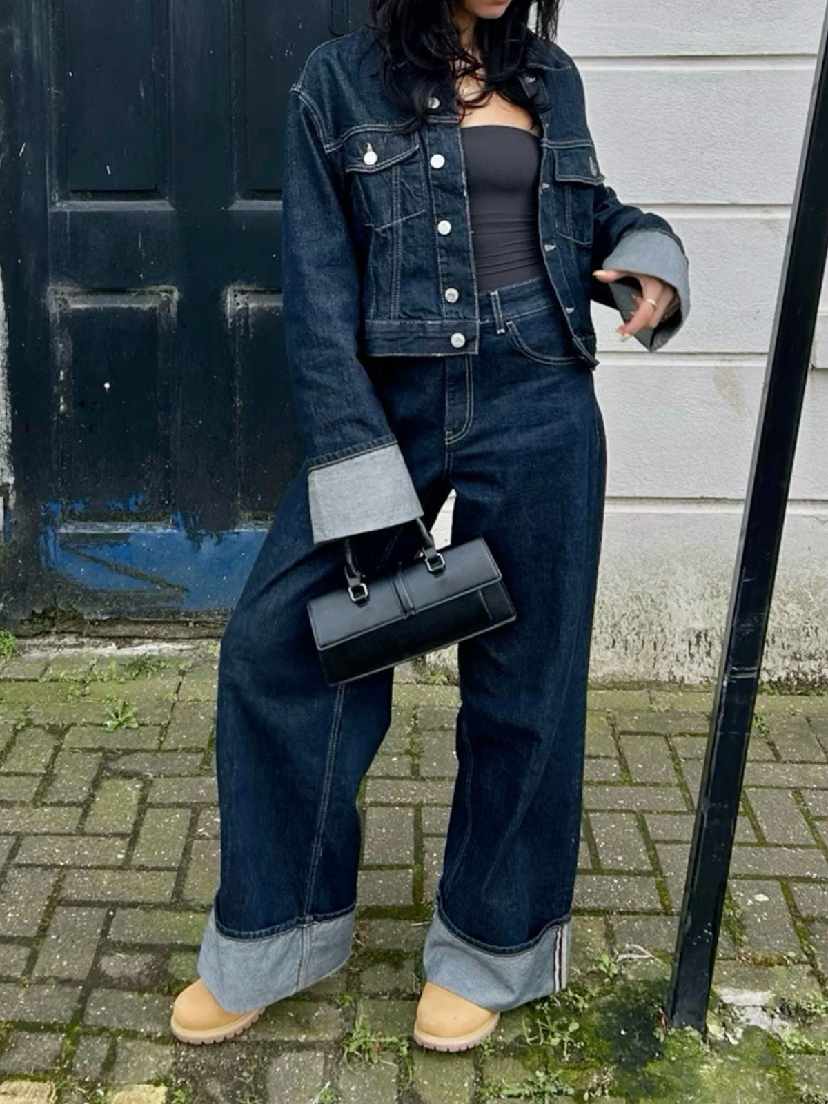 Women's Denim Two Piece Set - Cropped Jacket and Wide Leg Pants with Cuff Detail