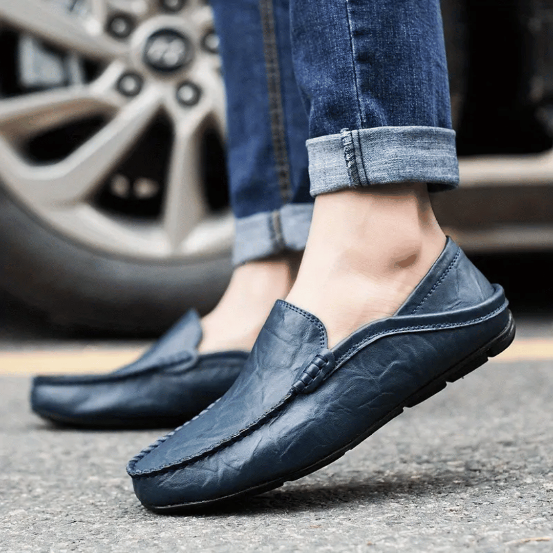 Men's Leather Penny Loafers - Slip On - Decorative Stitching