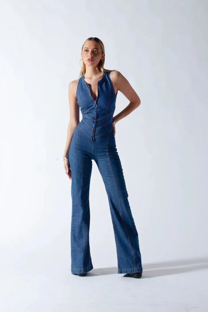 Women's Denim Jumpsuit - Sleeveless Flared Leg Heart Back Cutout