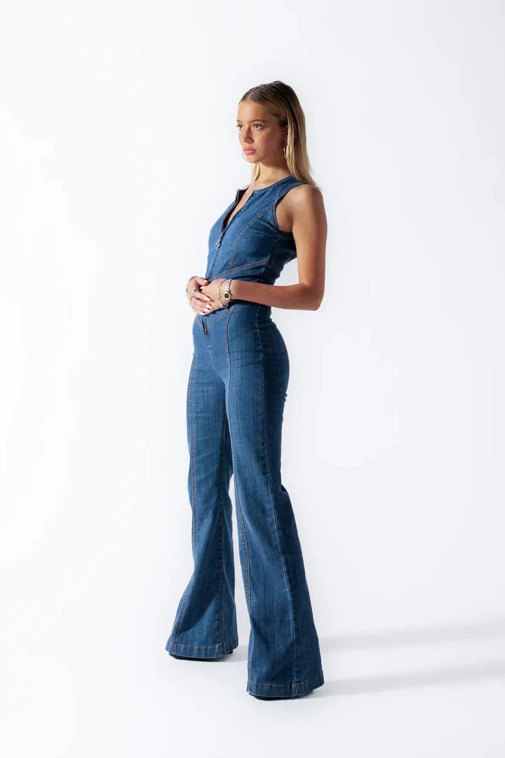 Women's Denim Jumpsuit - Sleeveless Flared Leg Heart Back Cutout