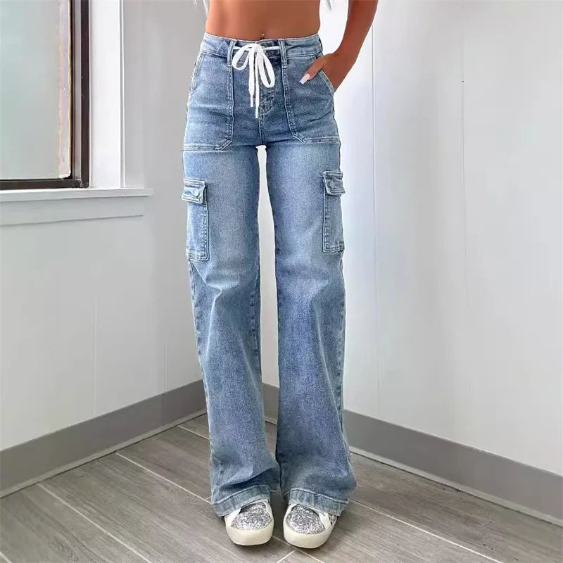 Women's Wide Leg Cargo Jeans - High Waist Drawstring with Flap Thigh Pockets