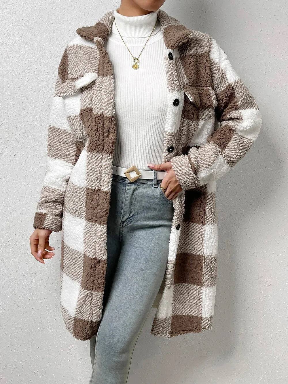 Women's Plaid Longline Coat - Button Up Check Oversized Jacket