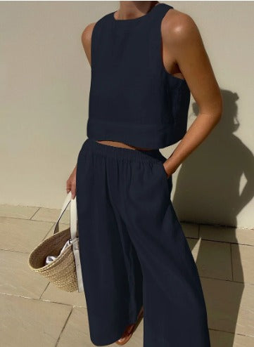 Women's Two Piece Set - Sleeveless Crop Top and Wide Leg Pants