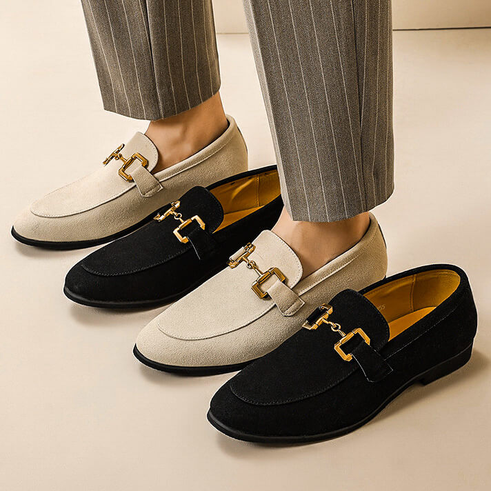Men's Penny Loafers - Suede Slip On Shoe with Gold Horsebit Chain Detail