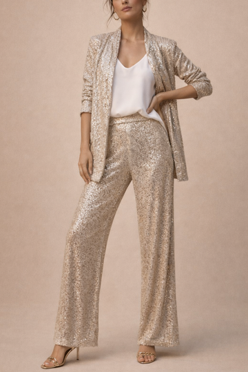 Women's Sequin Two Piece Set - Open Blazer and Wide Leg Pants