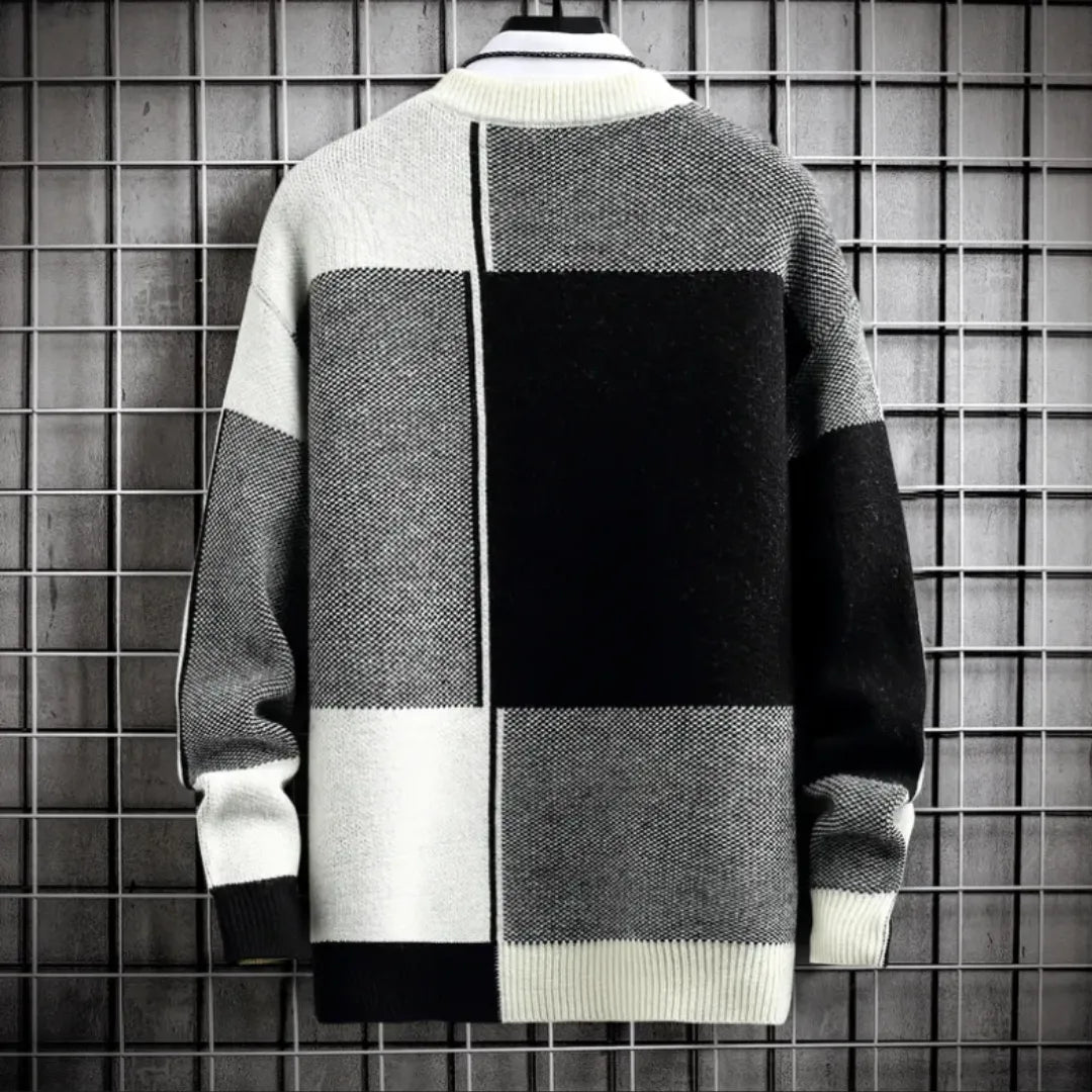 Men's Crew Neck Knit Jumper - Colour Block Panel with Ribbed Collar Cuffs and Hem