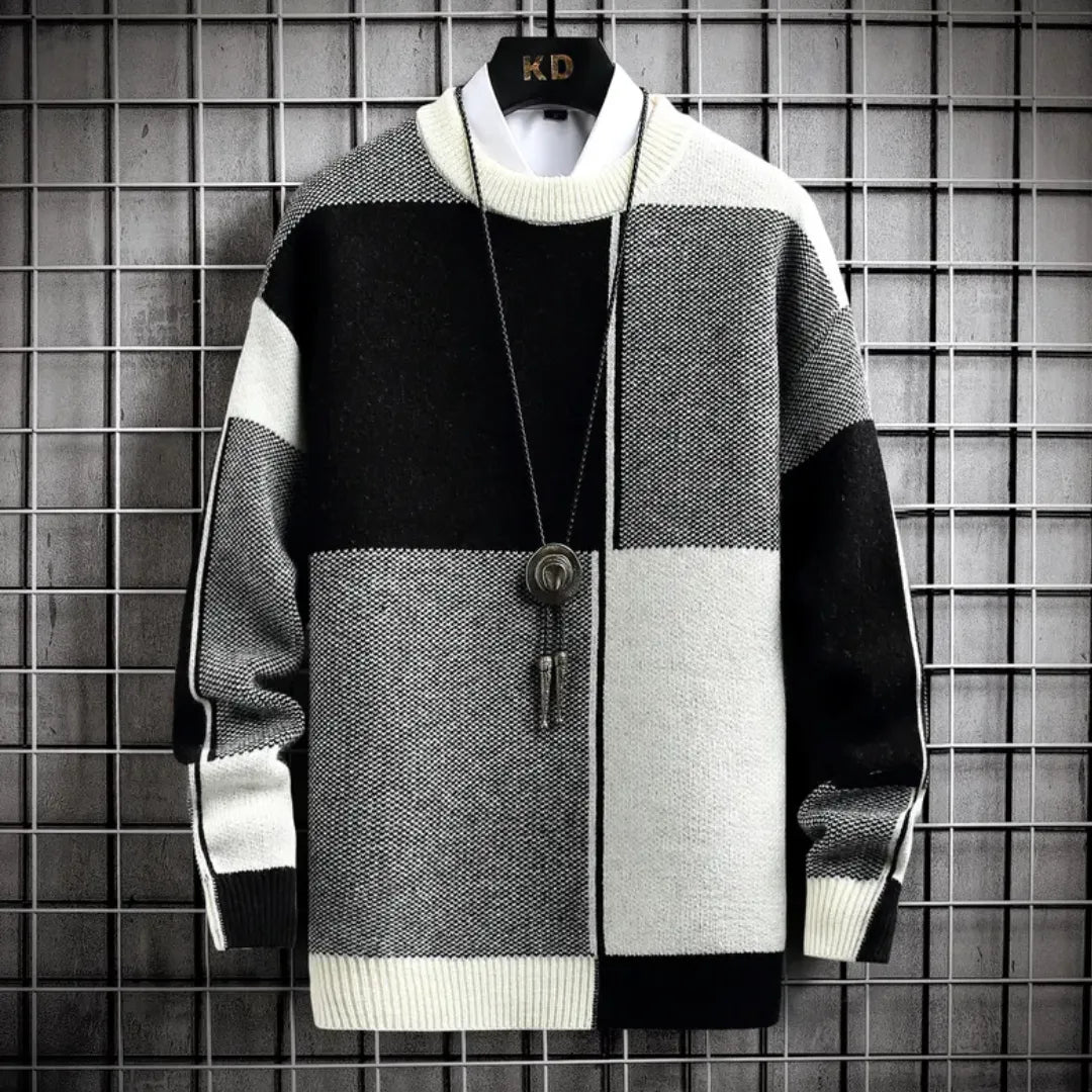 Men's Crew Neck Knit Jumper - Colour Block Panel with Ribbed Collar Cuffs and Hem