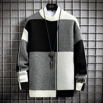 Men's Crew Neck Knit Jumper - Colour Block Panel with Ribbed Collar Cuffs and Hem