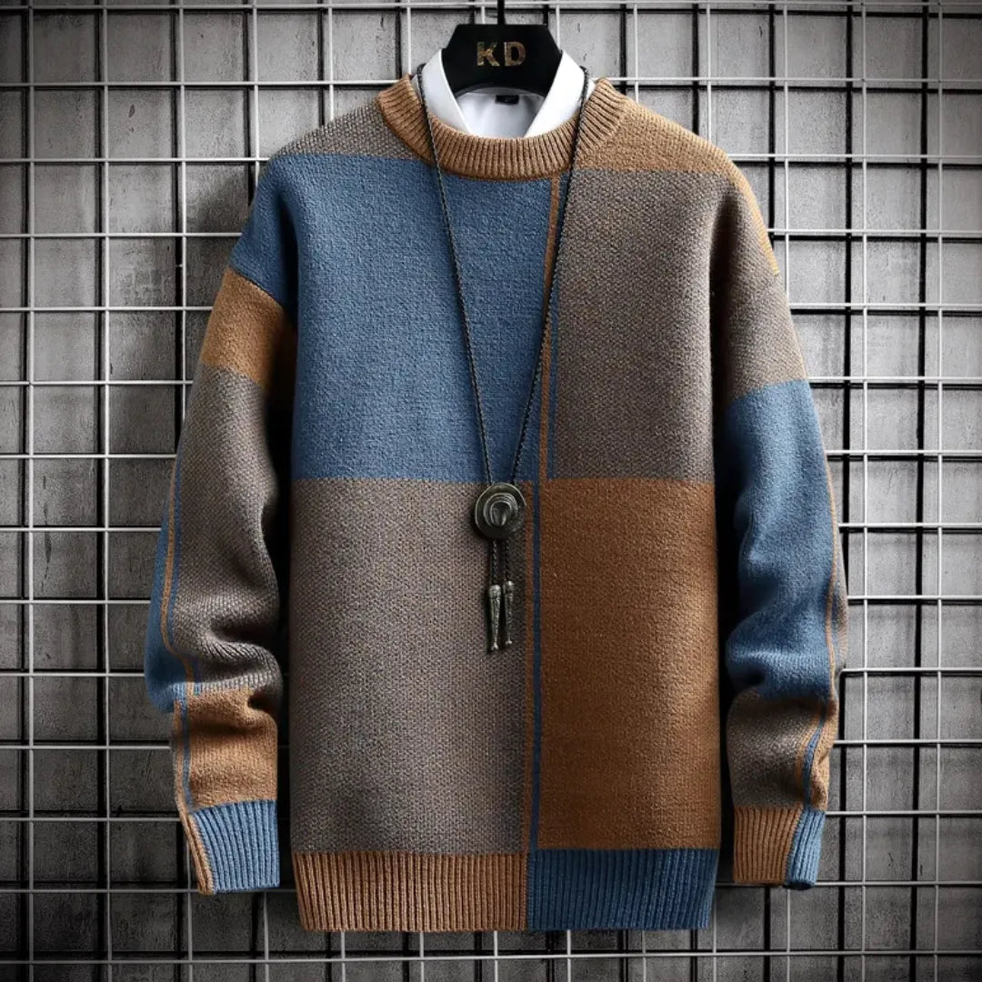 Men's Crew Neck Knit Jumper - Colour Block Panel with Ribbed Collar Cuffs and Hem