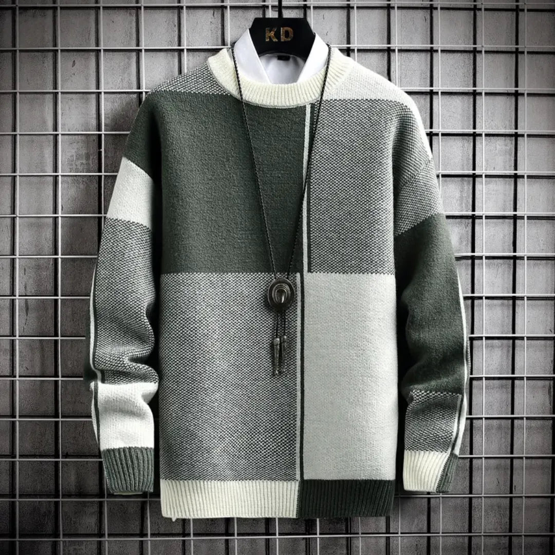 Men's Crew Neck Knit Jumper - Colour Block Panel with Ribbed Collar Cuffs and Hem