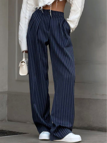Women's Wide Leg Pants - High Waist Pinstripe Pleat Detail