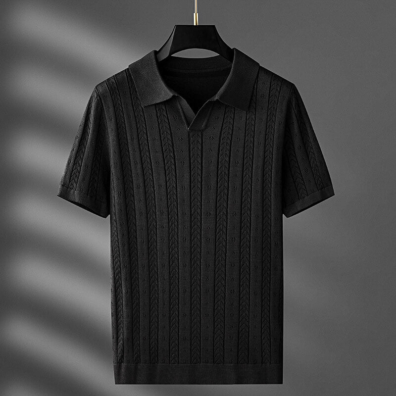 Men's Polo Tees - Short Sleeve Knit Polo with Open V-Neck and Textured Pattern